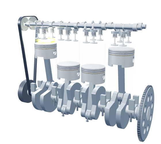 NassLab inline-four engine with four pistons, connecting rods, crankshaft and twin overhead camshafts