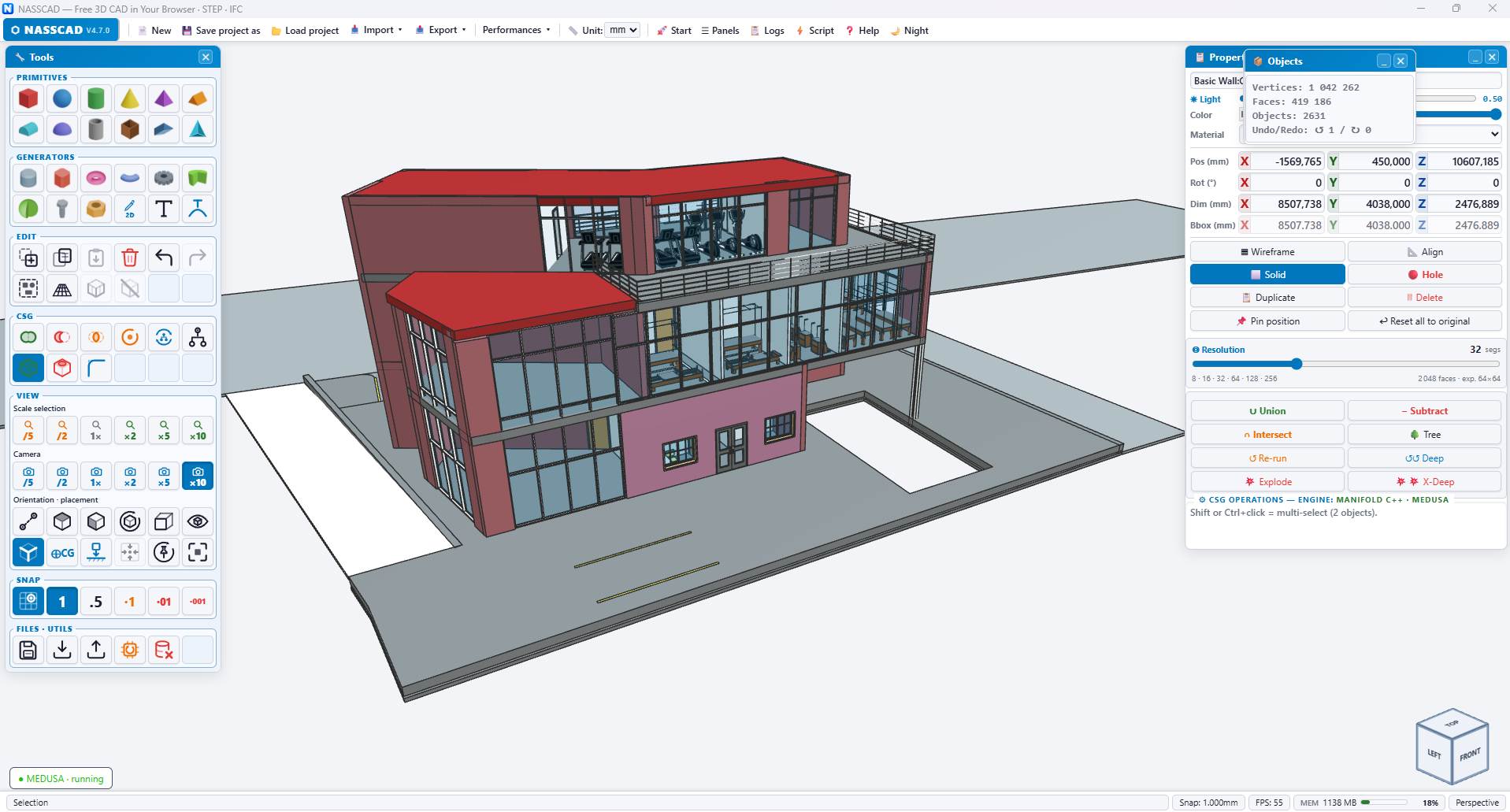 IFC building model in NASSCAD showing glazed façades, red roofs, object controls and the MEDUSA status