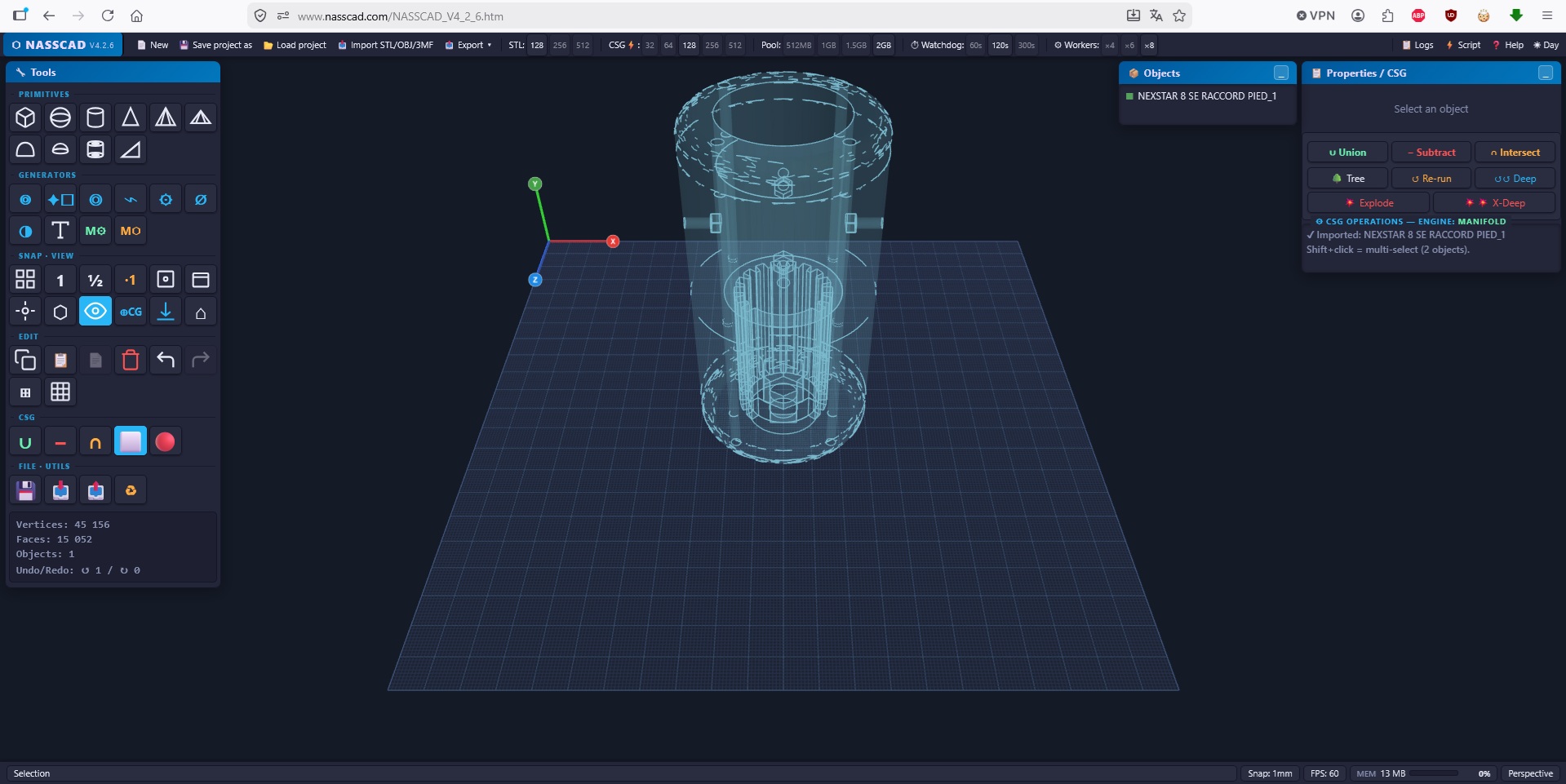 NASSCAD X-Ray wireframe mode with full UI — imported mechanical part