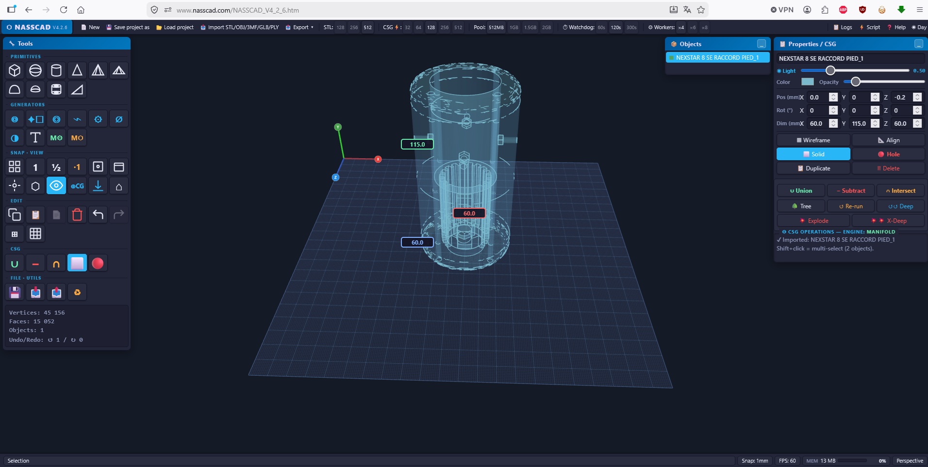 NASSCAD live 3D dimension annotations and properties panel