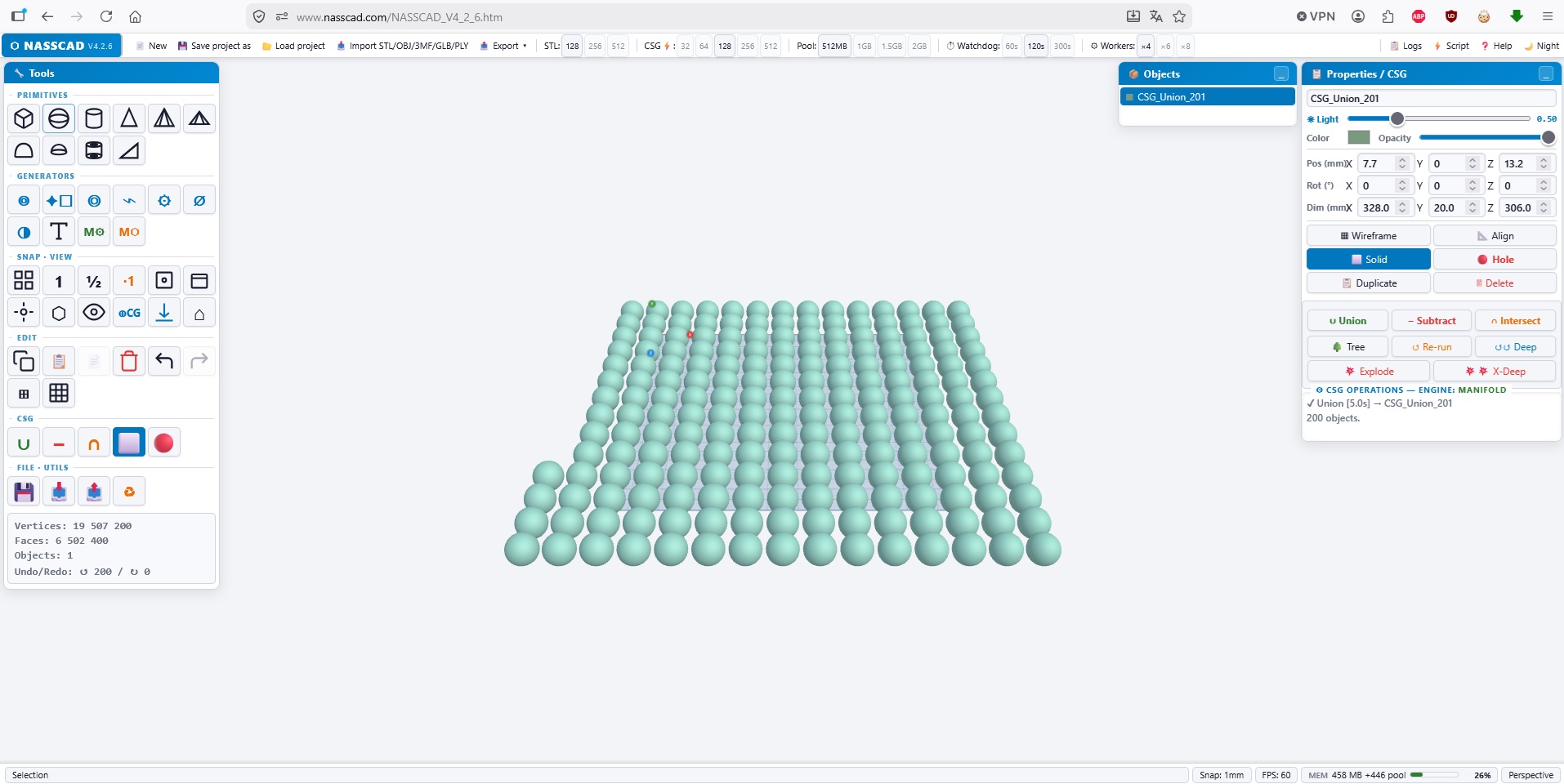 NASSCAD CSG performance — 200 spheres union, 19.5M vertices, 5 seconds, 60 fps