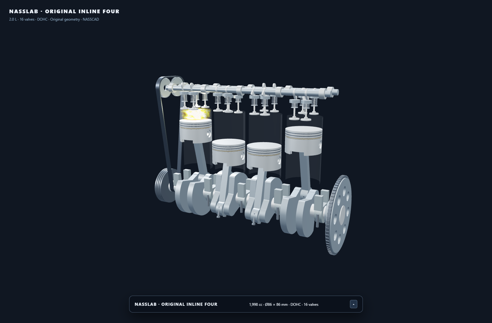 Original NassLab four-cylinder engine with pistons, solid connecting rods, crankshaft, camshafts and timing belt